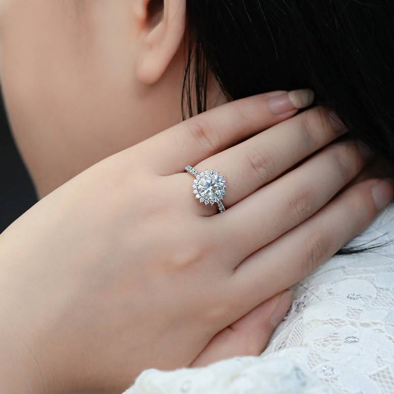 太阳花S925银镀白金MoissaniteWomen's Ring3.0ctD级